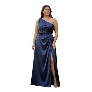 Chic One-Shoulder Satin Dress in Midnight Blue Plus Size 3X